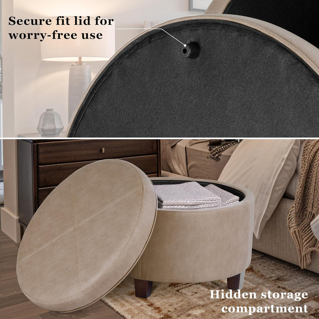 Home Decor | Upholstered Faux Leather Round Storage Ottoman | Ottoman with Storage , Taupe Brown