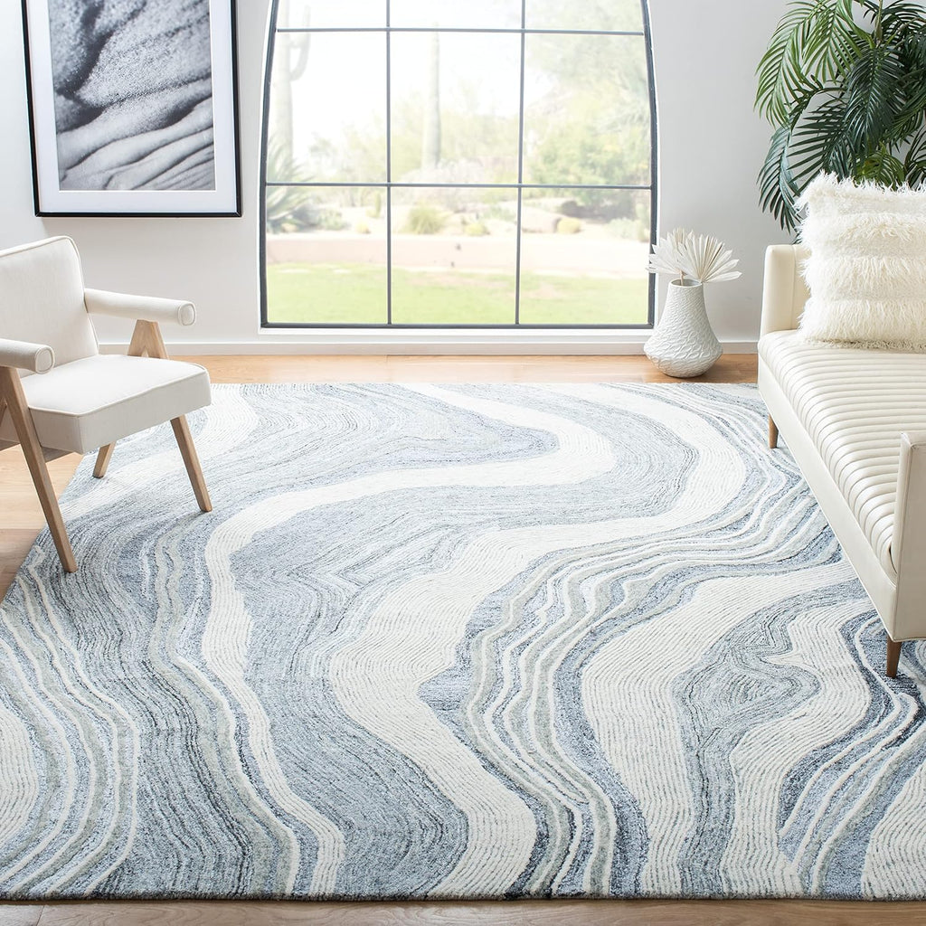 Fifth Avenue Area Rug - 10' x 14', Grey & Ivory, Handmade Mid-Century Modern Abstract New Zealand Wool