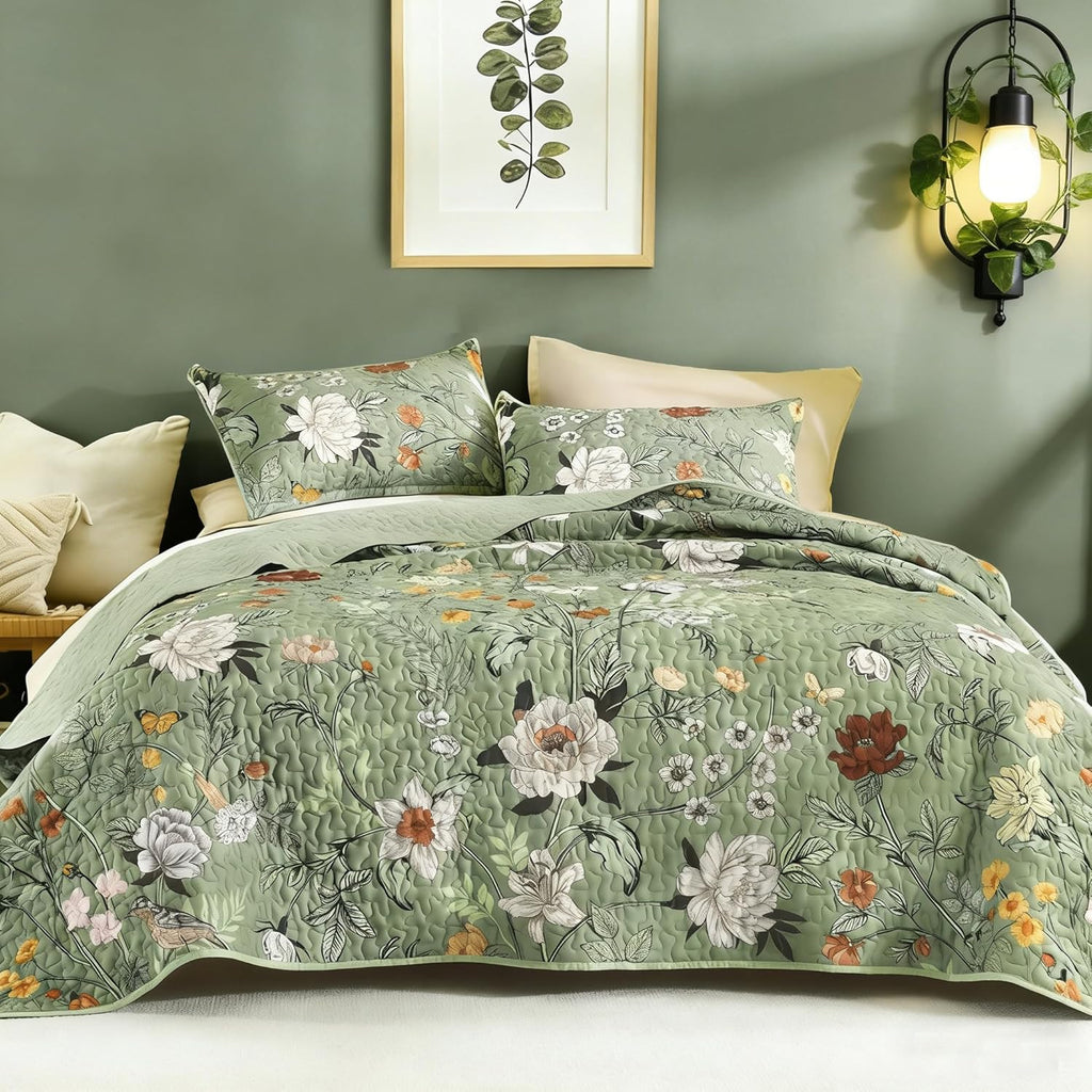 Floral Green Quilt California King - 3 Pieces Cal King Sage Botanical Birds Pattern Quilt Bedding, Spring Lightweight
