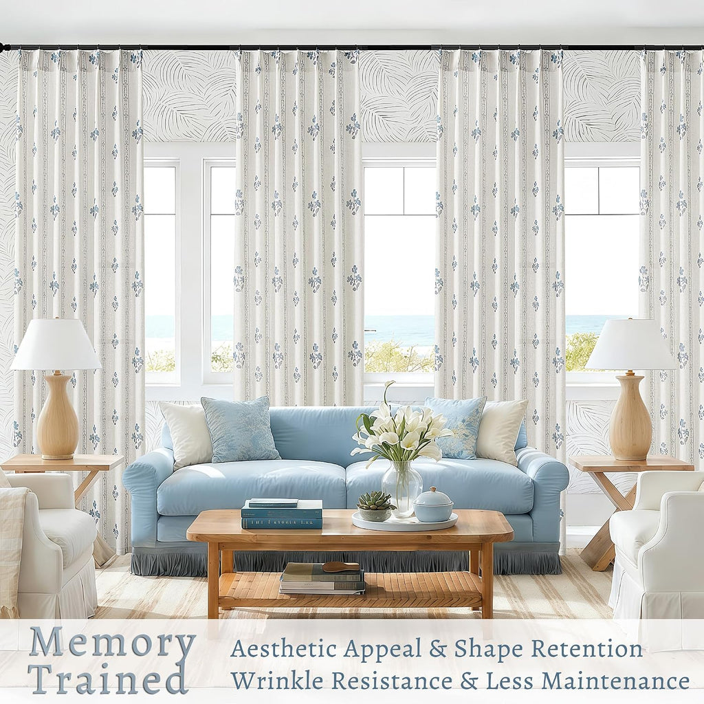 Blue Grey Pinch Pleated Floral Curtains 84 Inches Long for Living Dining Room Pinch Pleat Light Filtering Linen Semi