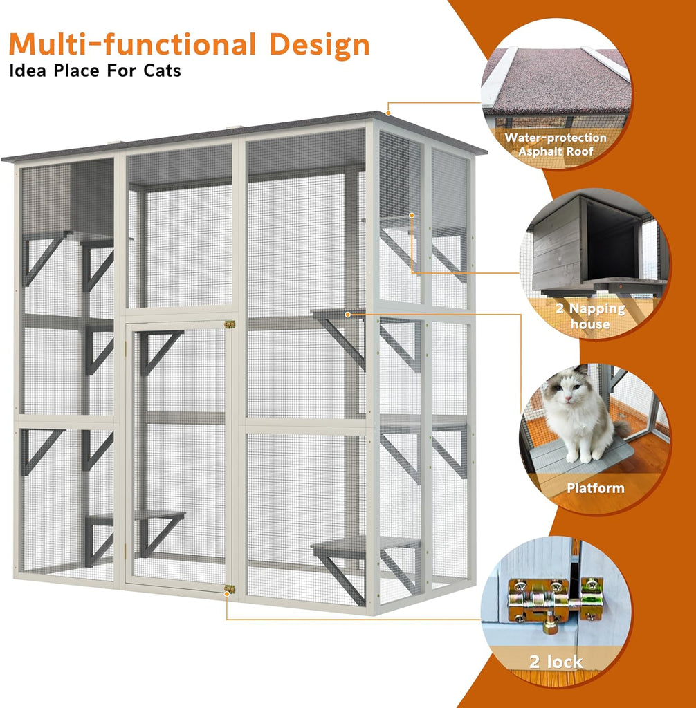 Gray Wooden Outdoor Catio Cat Enclosure with Weatherproof Asphalt Roof, Large Walk-in Cat House with 6 Platforms & 2