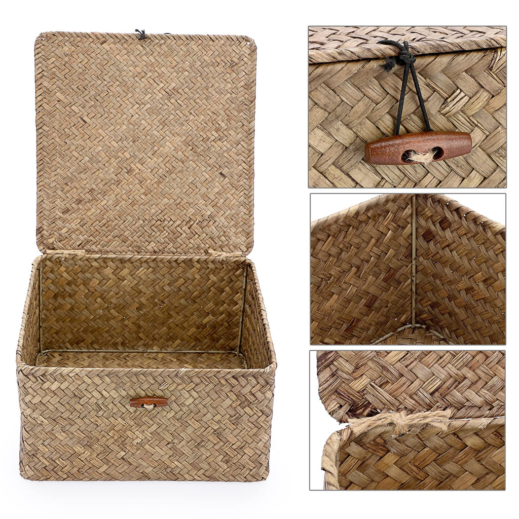 Small Wicker Shelf Baskets Handwoven Seagrass Storage Bin with Lid