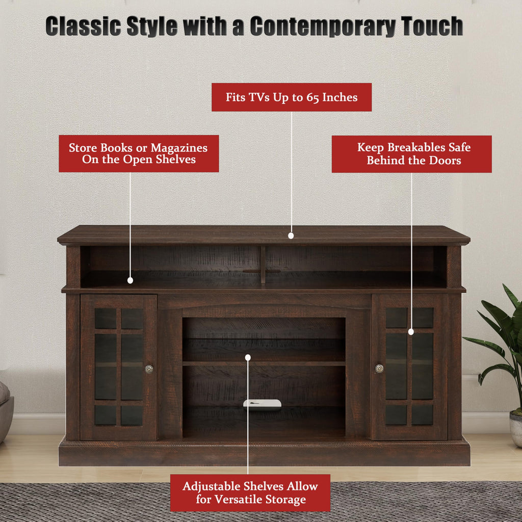 Traditional 58'' TV Console, Entertainment Center Table with Open Shelves and Farmhouse Glass Door Media TV Cabinet