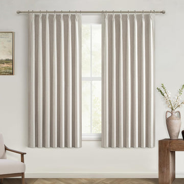 Short Black Out Curtains 54 Inch Length Window Treatments, Blackout Linen Boho Pinch Pleated Kitchen - Set of 2