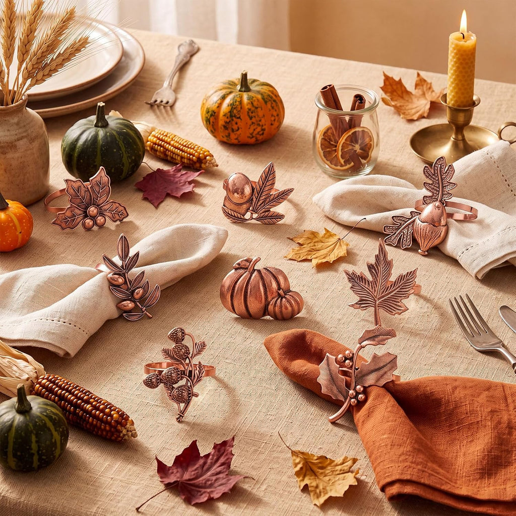 Fall Thanksgiving Napkin Rings Set,Autumn Metal Holders - Set of 8