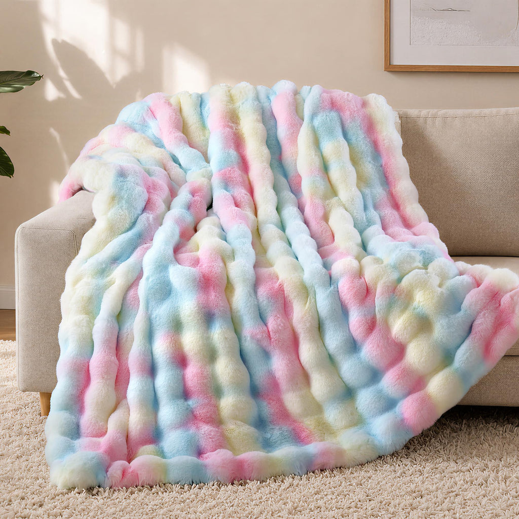 Faux Fur Throw Blanket, Rainbow Bubble Blanket 50"x60"