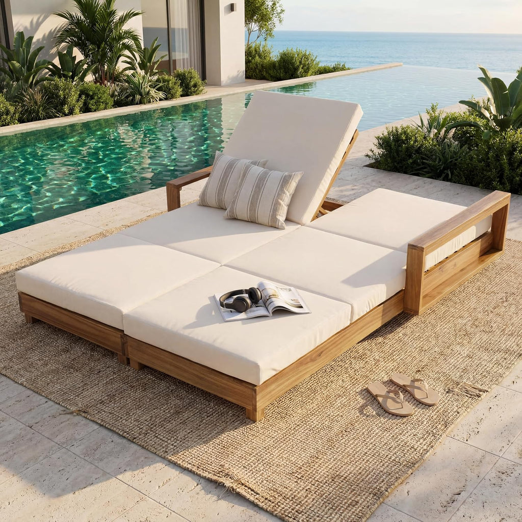 Acacia Wood Chaise Lounge Chair Outdoor, Spacious Double Outdoor Chaise Lounge with 3-Fold Cushions, 4 Position