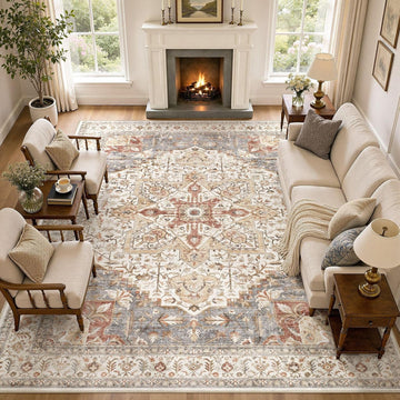 Area Rug Living Room Rugs - 10x14 Washable Boho Rug Vintage Oriental Distressed Farmhouse Large Thin Indoor Carpet