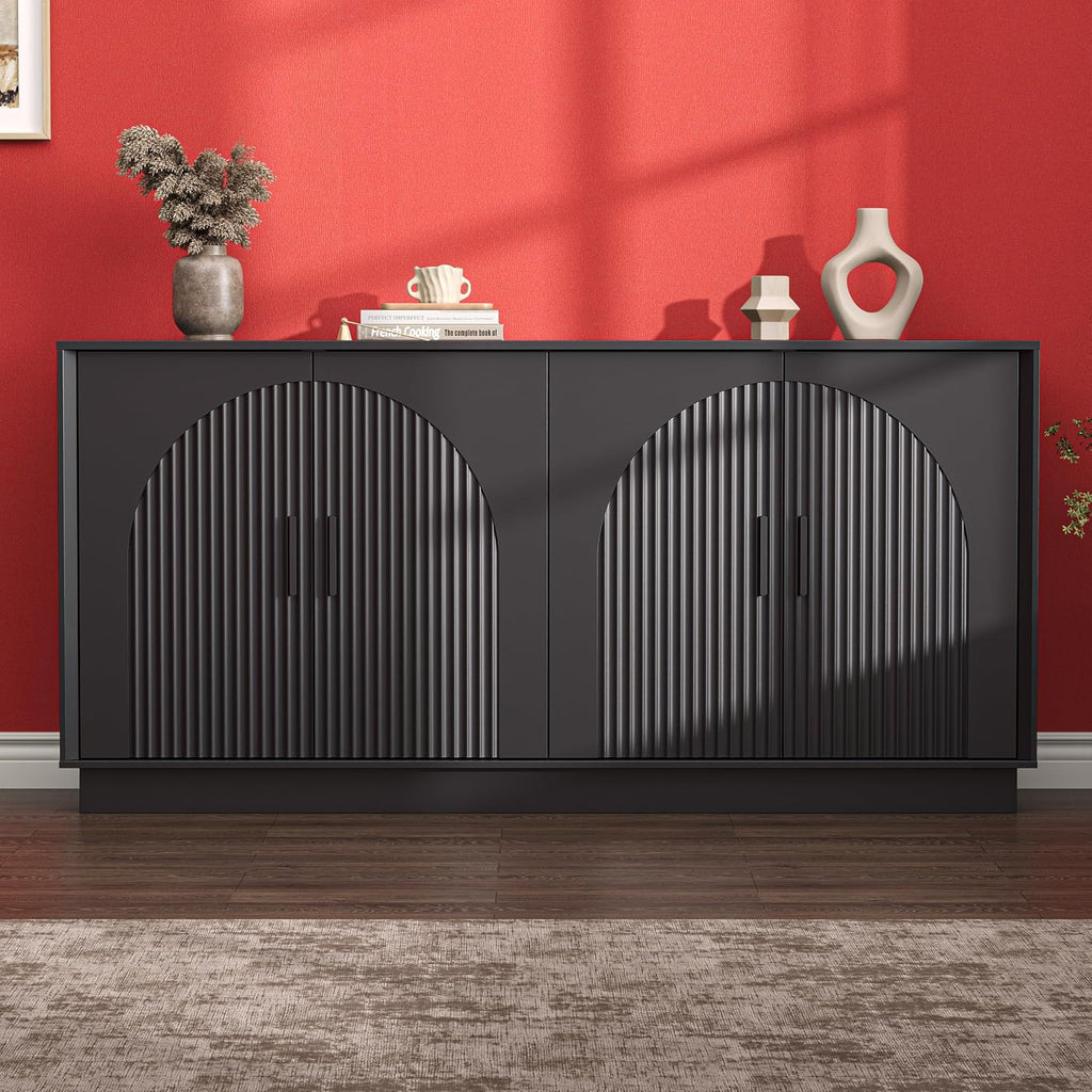 Buffet Cabinet with Storage, 65" W Fluted Sideboard Buffet Cabinet with Adjustable Shelves, Single-Box Modern Wood