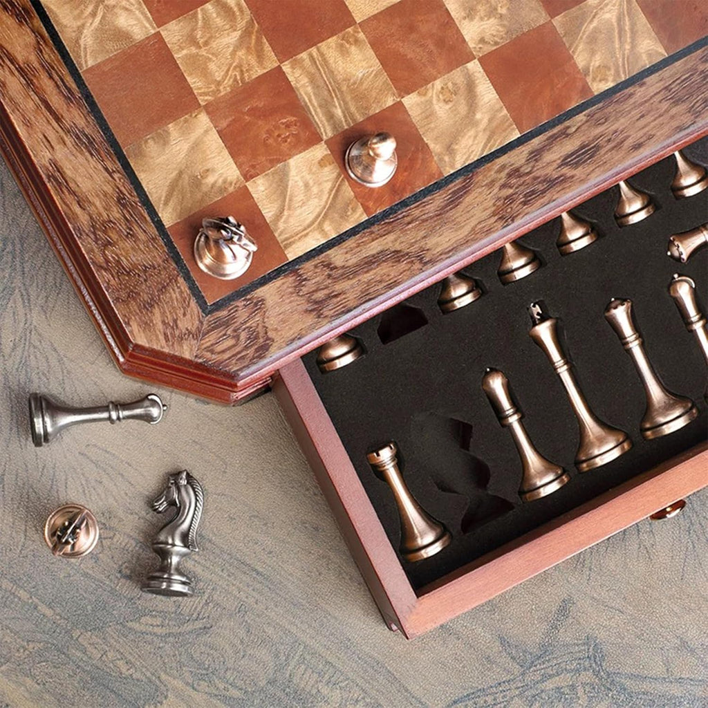 Luxury Wooden Chess Set with Metal Pieces, Handcrafted Solid Wood Board & Storage Drawer - Creative Gift for Men