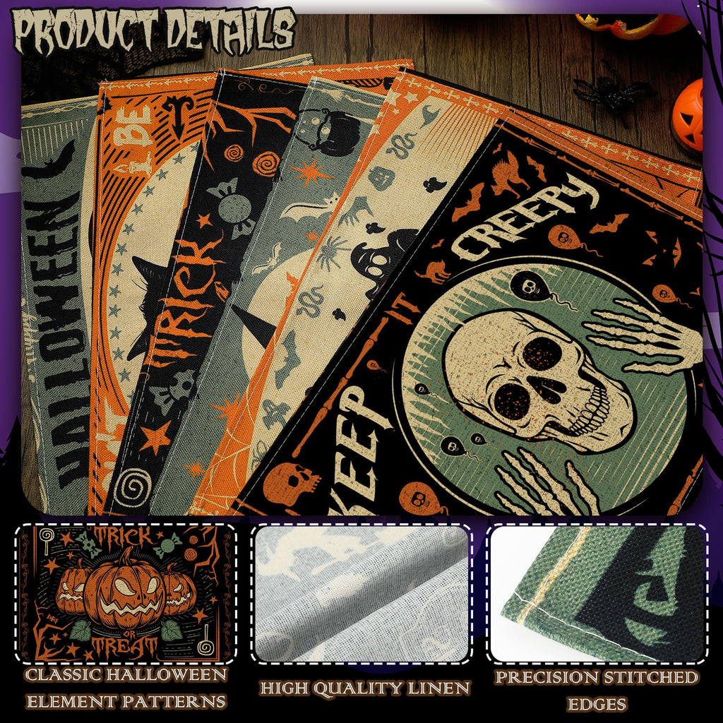 6 Pcs Halloween Placemats 12"x18" Gothic Bat Placemats Kitchen Decoration Washable Witch Place Mats Rectangle Skull
