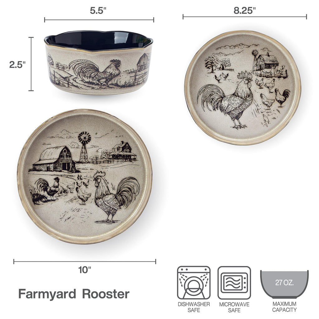 Farmyard Rooster 12 Piece Farmhouse Style Dinnerware Set, Service for 4, Plate Bowl with High Rims, Rustic Design