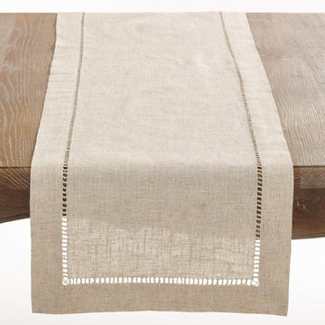 Poly and Linen Blend Hemstitched Table Runner with Hemstitch Border, 18"x108", Natural