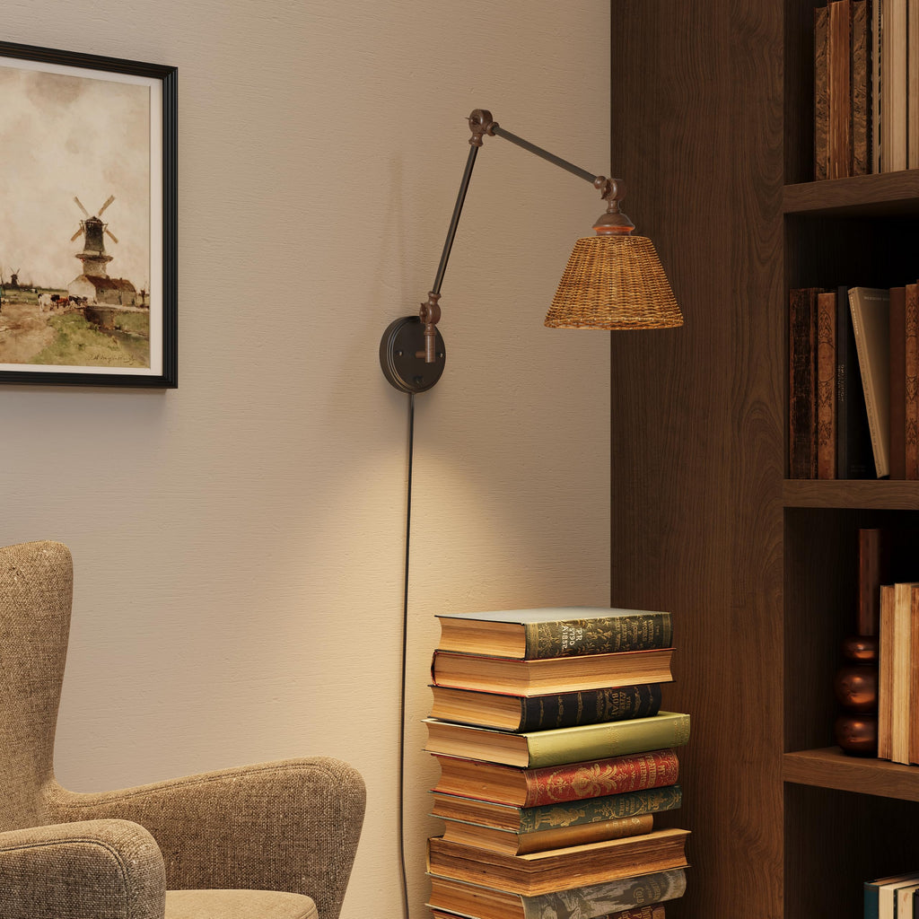 Plug in Wall Sconces Set of Two, Black Walnut Swing Arm Wall Lamp with 6.6FT Plug-in Cord and Knob Switch, Rattan