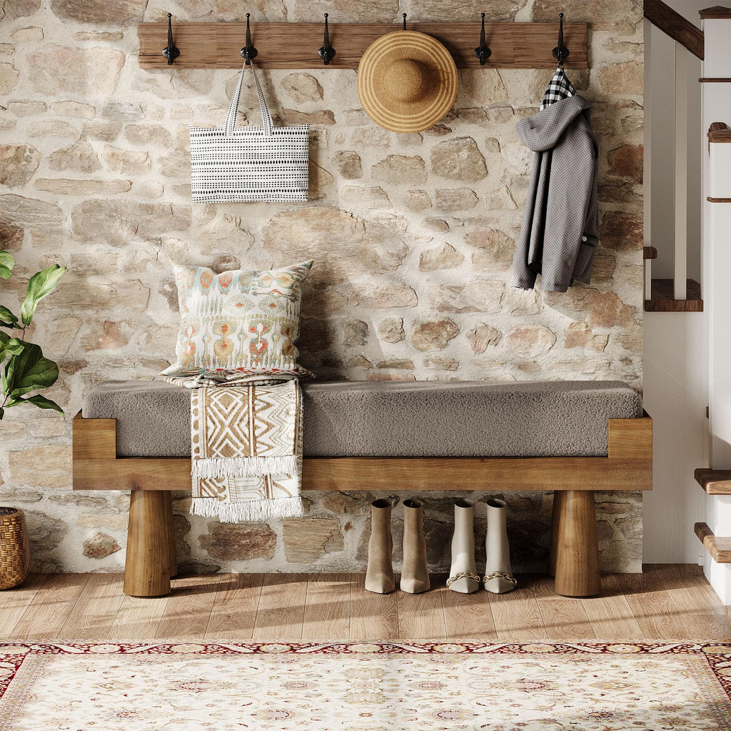 Upholstered Entryway Bench, Shoe Bench with Solid Wood Legs | Bedroom Bench with Cushion, Padded Seat End of Bed