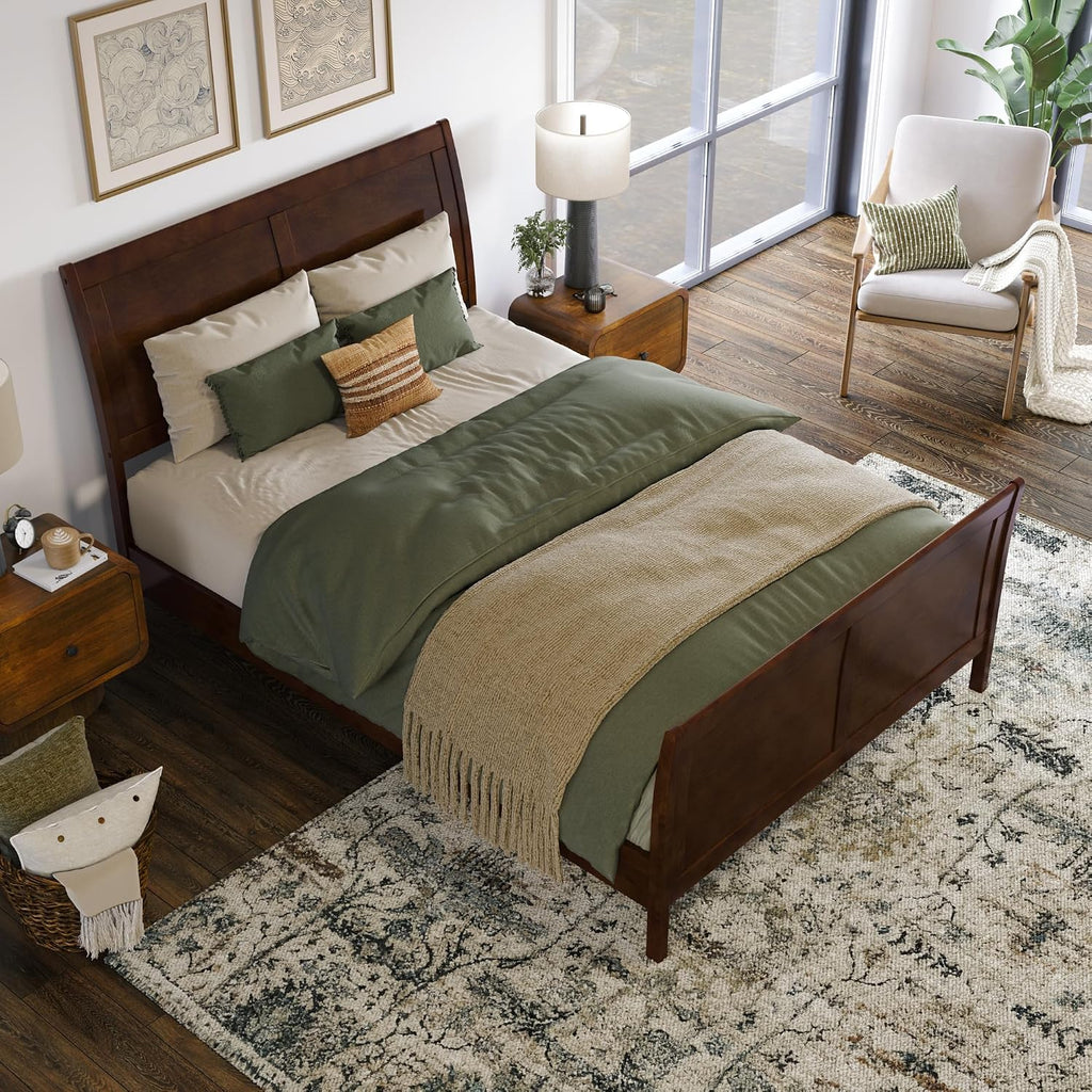 Valencia Full Solid Wood Low Profile Sleigh Platform Bed with Matching Footboard, Walnut