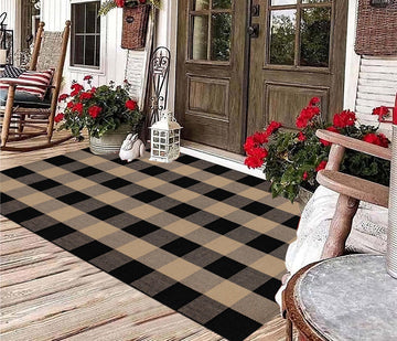 Washable Outdoor Rug 3'x5', Black and Tan Buffalo Plaid Farmhouse Door Mat