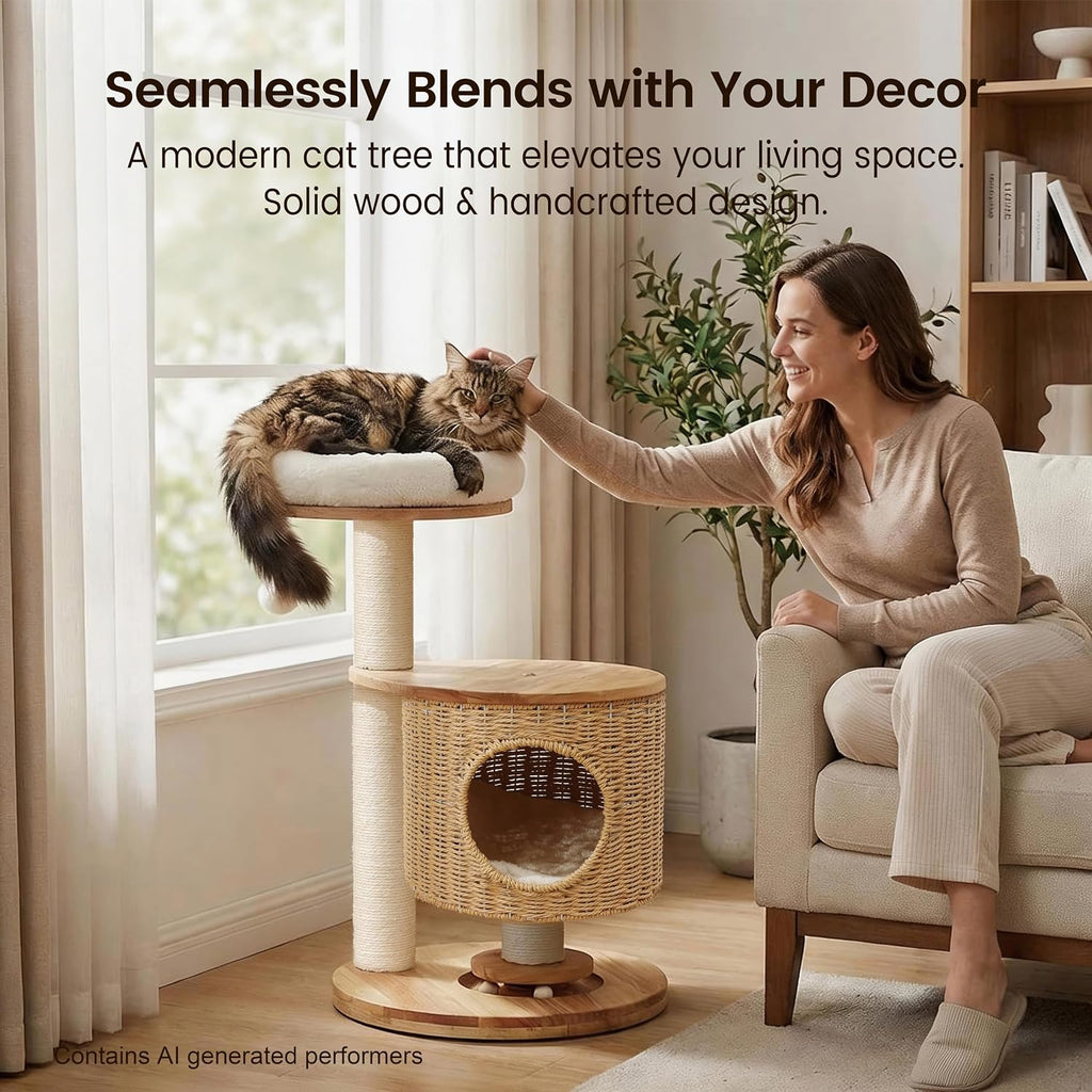 30-Inch Solid Wood Cat Tree Tower for Small to Medium Cats