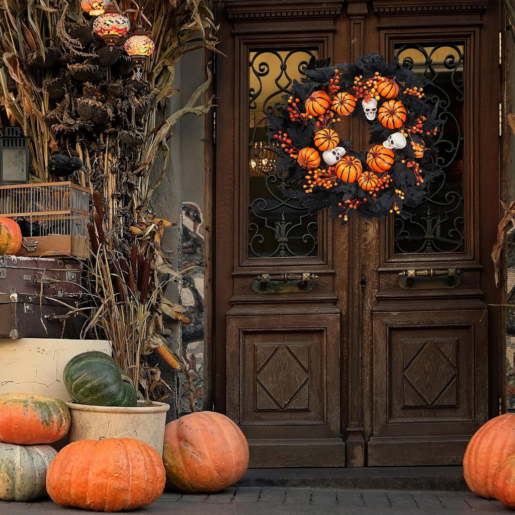 Halloween Wreath with Artificial Pumpkin Handmade Black Maple Leave Skull Pumpkin Orange Berries 20''Front Door