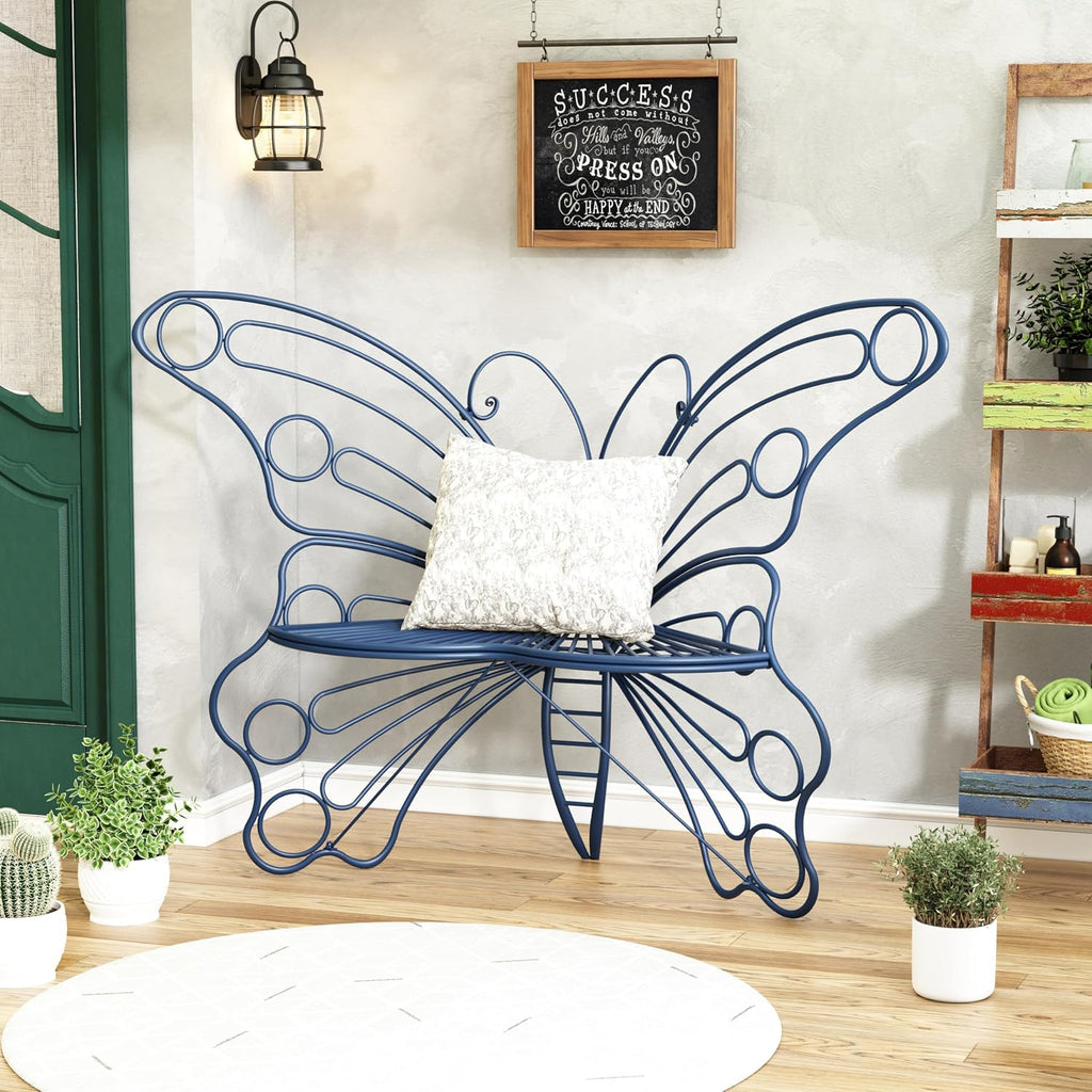 50 Inches Outdoor Bench, Garden Bench with Sturdy Iron Metal Frame, Pretty Butterfly Bench Front Porch Bench for
