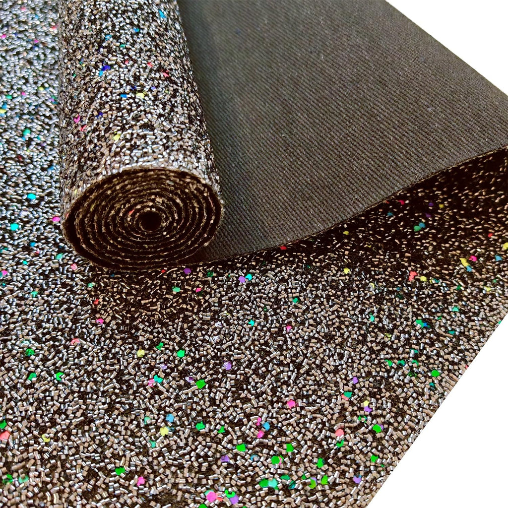 Gray Tinsel Fabric Chunky Glitter Faux Leather Roll, 52" x 12" inches, Halloween Mardi Gras Leatherette for Holiday