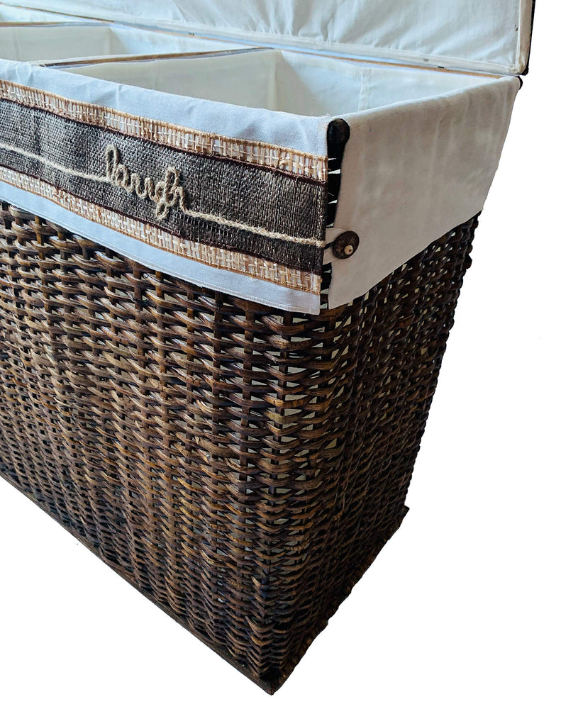 Handcrafted Wicker Oversized 3 Section Divided Laundry Hamper Sorter and Organizer Handwoven Rattan Basket with Lid