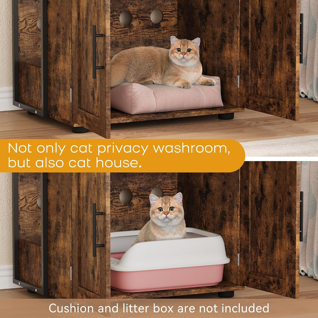 Cat Litter Box Enclosure with 2-Tier Storage Shelves and Doors - Hidden Cat Washroom Cabinet - Odor Control, Enhanced