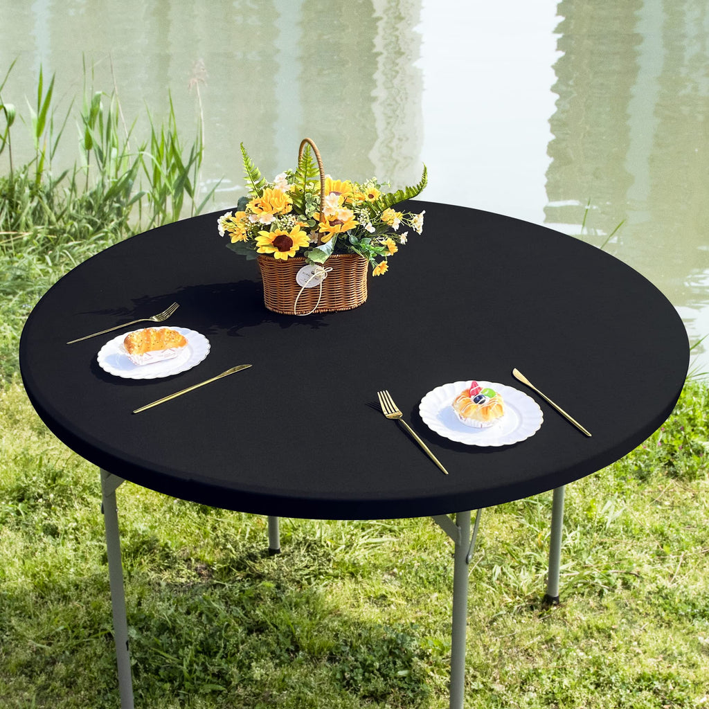 Round 5ft Fitted Table Cover Elastic Tablecloth, Black 60 in