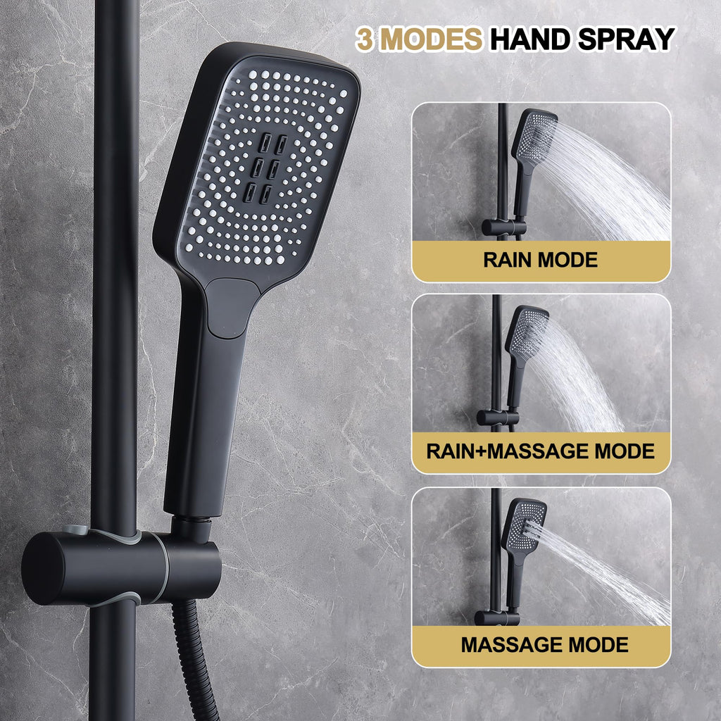 Shower Systems with 12 x8 Inches Rain Shower Head, Matte Black Exposed Pipe Shower System,3 Functions Tub Shower