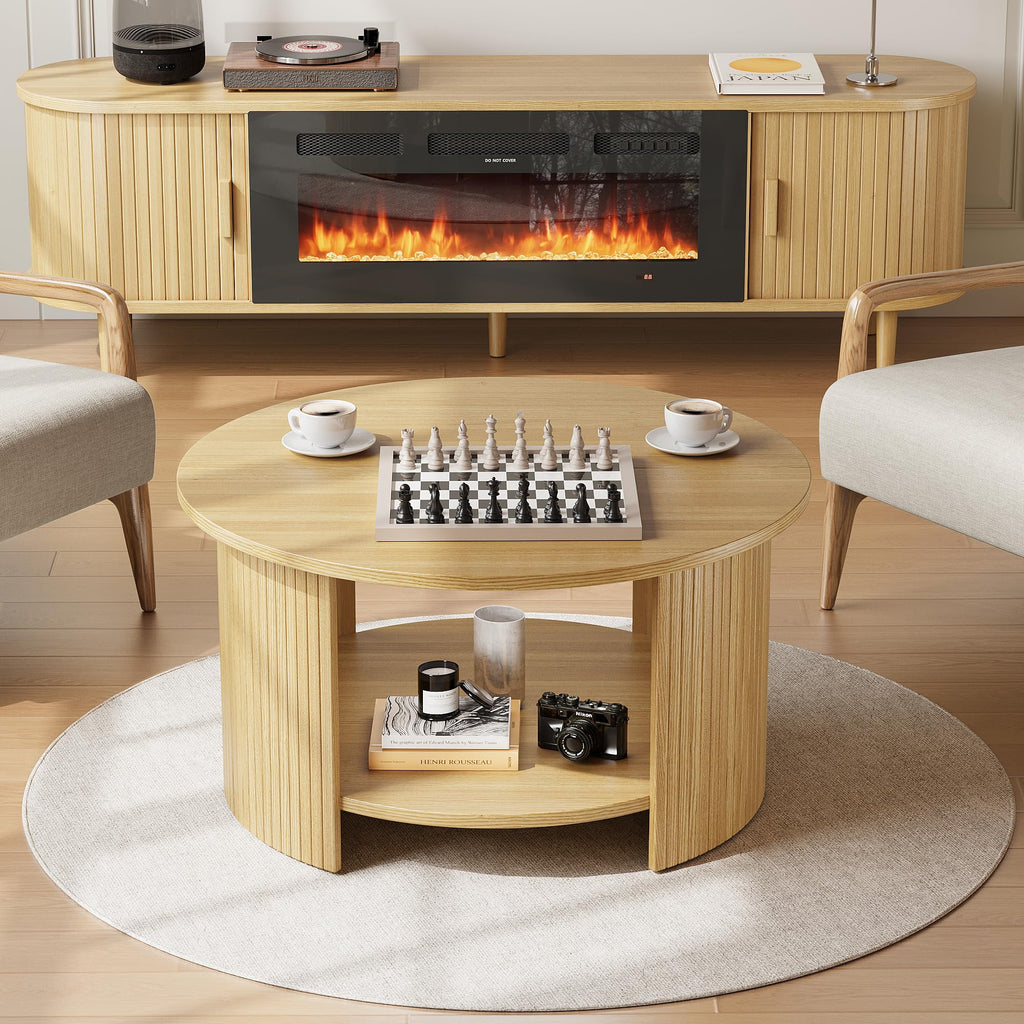 Round Coffee Table with Storage, 31.5" Modern Fluted Center Table, 2-Tier Mid Century Coffee Table, Wood Circle Table