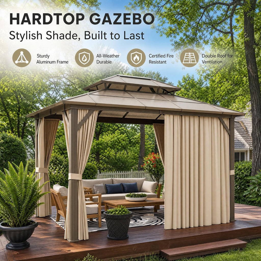 10x12ft Gazebo, Hardtop Outdoor Canopy Aluminum Frame Permanent Gazebo with Netting and Curtains