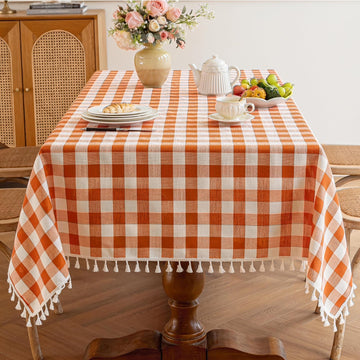 Checkered Tablecloth, Cotton Linen Gingham Fall Holiday Table Cloth for Rectangle Table with Tassel, Washable Heavy