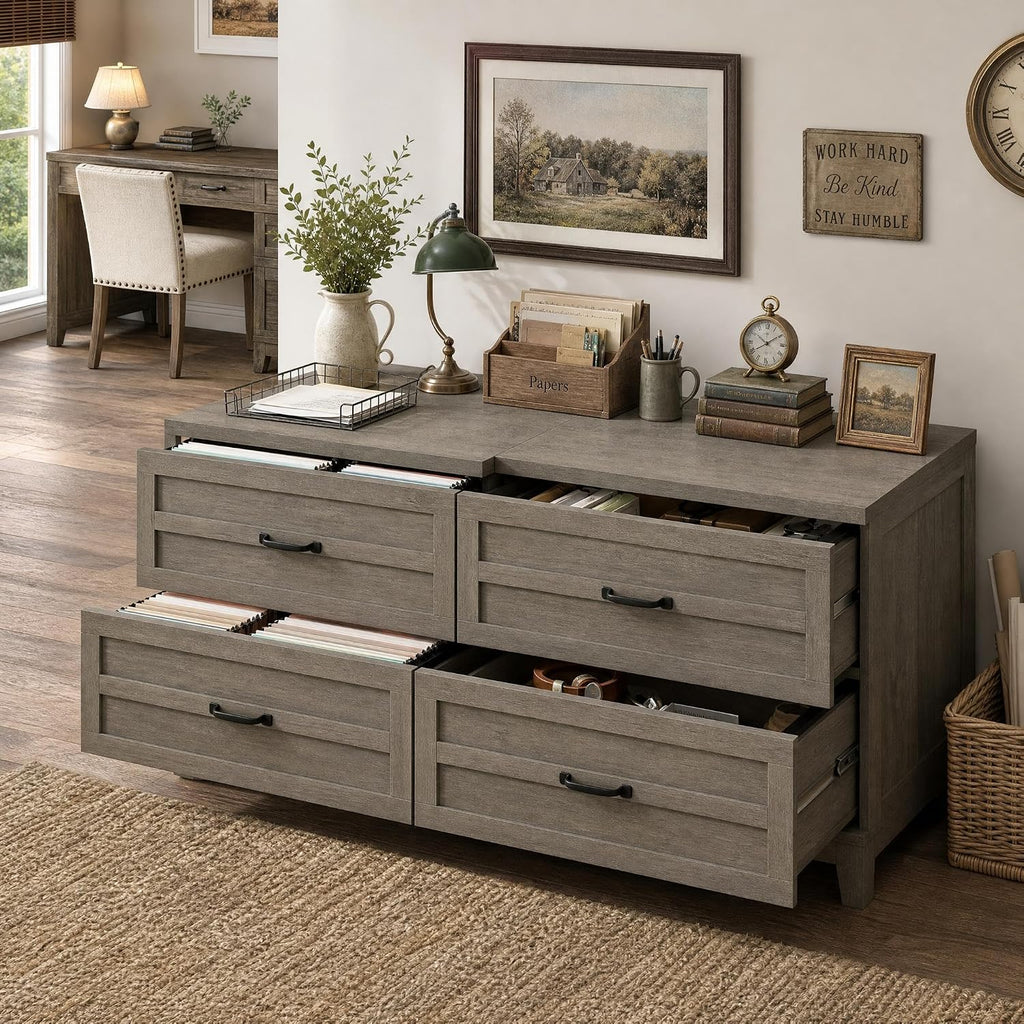 2 Drawer Farmhouse Lateral File Cabinet , Deep Filing Drawers Fit Legal Letter & A4 Hanging Files, Wide Storage