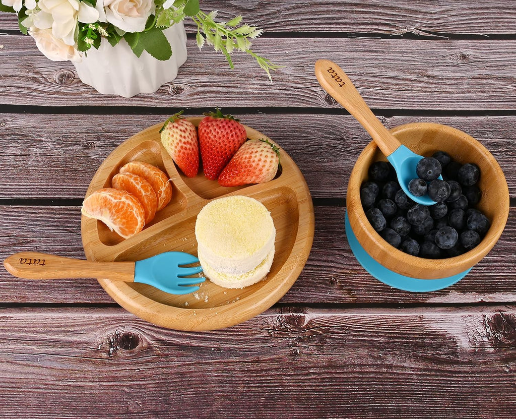 Bamboo Suction Plate & Bowl with Fork and 2 Spoons | Divided Wooden Feeding Dish for Toddlers | BPA-Free Baby Led