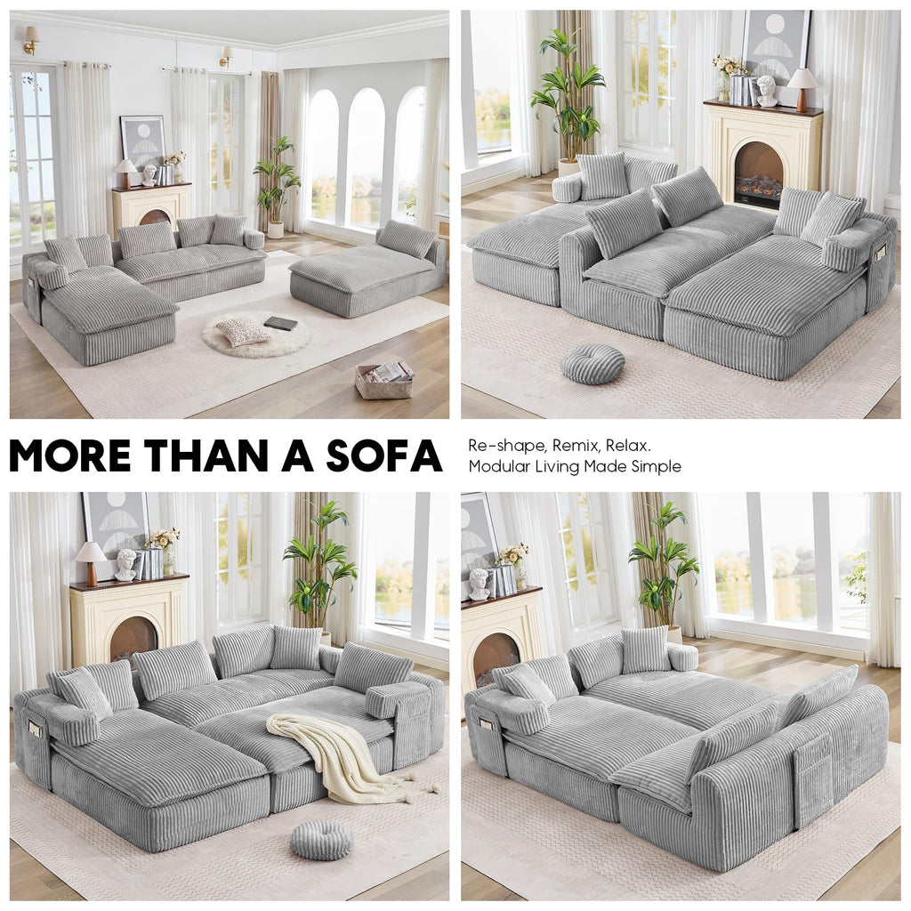 149" Oversized Cloud Boneless Couch with Chaise, Modern U Shape Modular Deep Seat Sectional Sofa, Comfy Corduroy