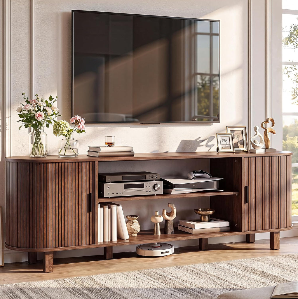 Mid Century Modern TV Stand, 70 inch Entertainment Center with Storage and Fluted Sliding Doors, Adjustable Shelves