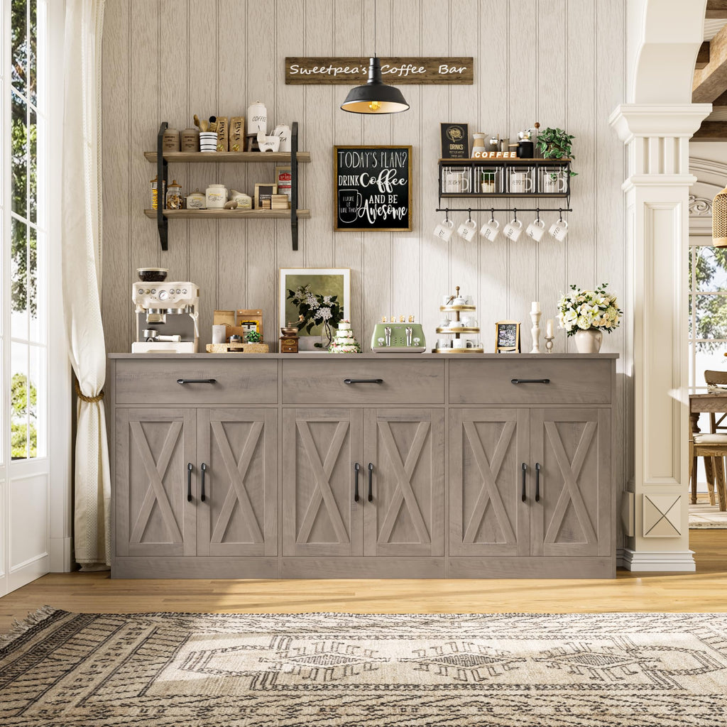 71" W Farmhouse Kitchen Sideboard Buffet Cabinet with Storage, Grey