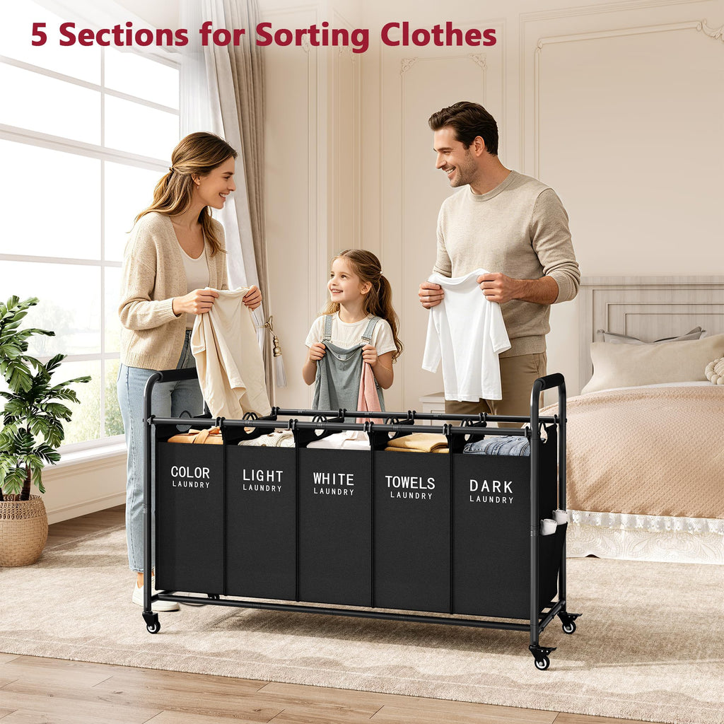 5 Bag Laundry Sorter, 5 Section Laundry Hamper with Wheels, Black