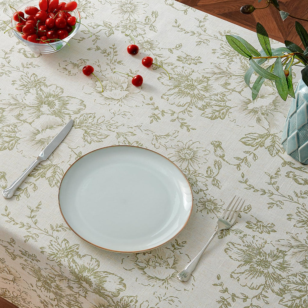 Green Floral Linen Blend Rectangle Table Cloth 52 x 70 Inch