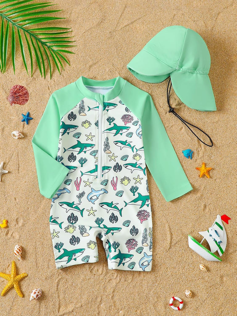 Baby/Toddler Boy Long Sleeve Rash Guard Swimsuit Sun Protection One Piece Swimwear with Hat Quick Dry Bathing Suit