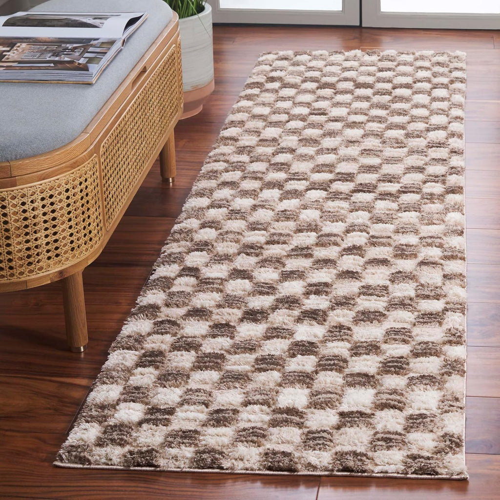 Seattle Shag Collection Runner - 2'3" x 8', Ivory & Brown, Checkered Pattern, 1-inch Thick, Ideal for the Living