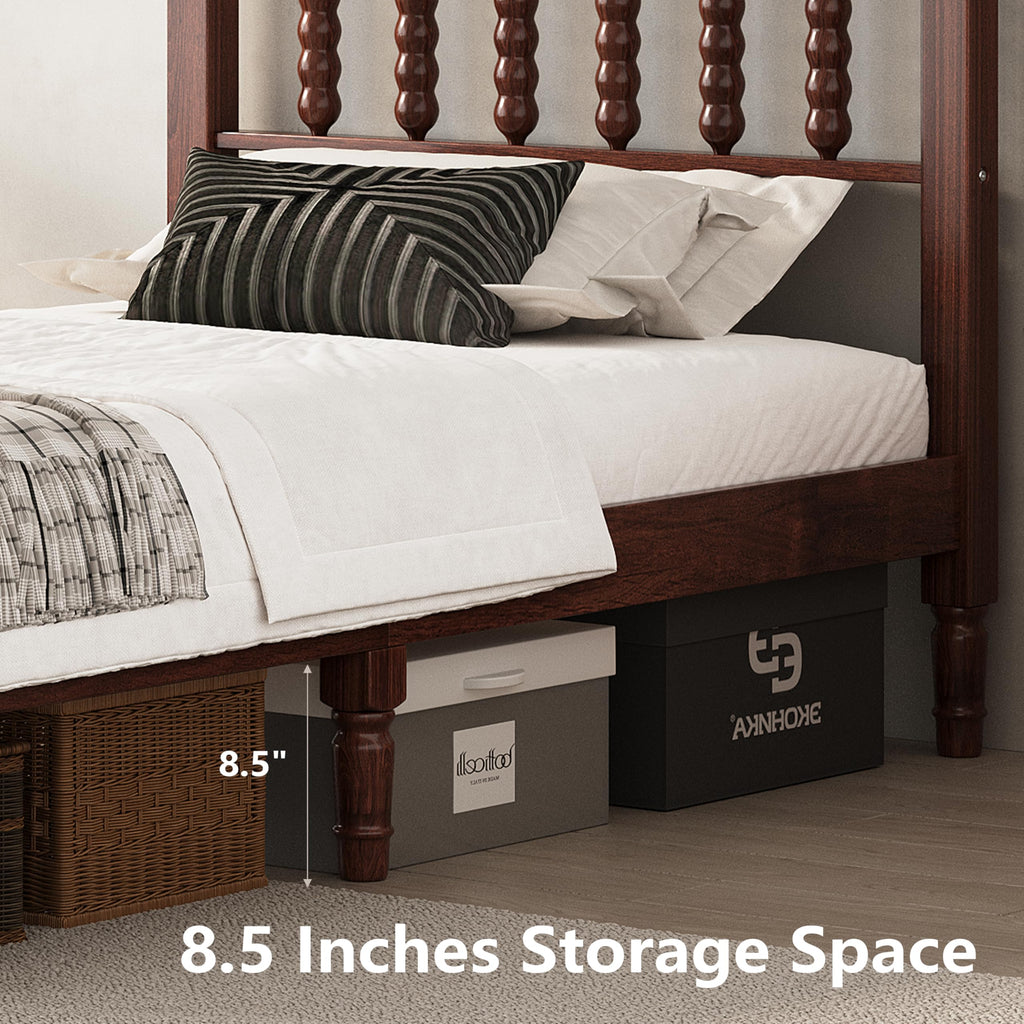 Walnut Wood Bed Frame Traditional with Spindle Headboard, Vintage Platform Bed Frames, Retro Bedframe