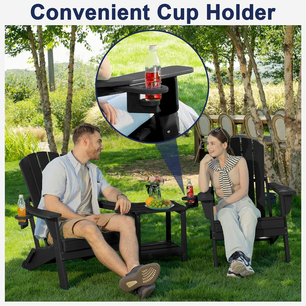 HDPE Folding Adirondack Chair Set of 2 with Cup Holder, Black | SGS Tested, Wooden Textured, Heavy All-Weather HDPE