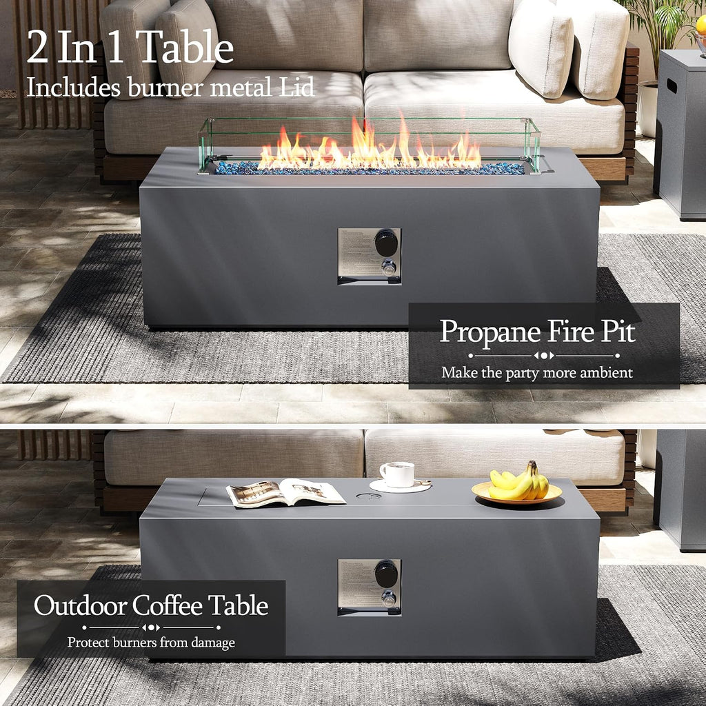 42-inch Outdoor Propane Gas Fire Pit Table, Grey | 50000 BTU Iron Rectangle Firepit with Tank Hidden Table, Wind