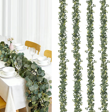 Eucalyptus Garland, 6FT Green Garland with Flowers, Artificial Faux Greenery Vines for Wedding Party Table - Set of 4