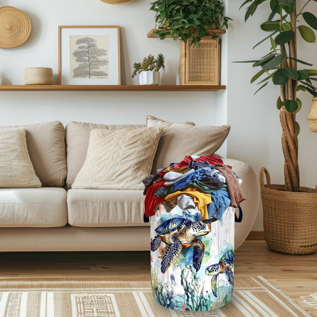 Ocean Sea Turtle Laundry Basket Oxford Cloth Foldable Hamper 18.9x16.5 Inch