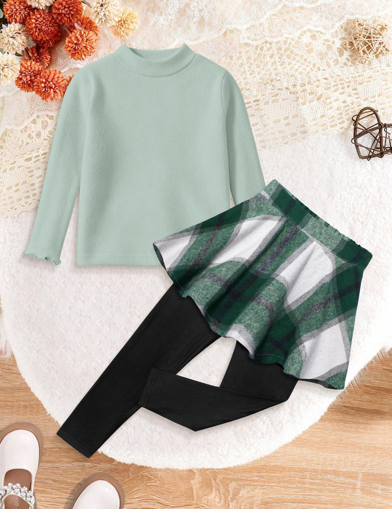 Toddler Girls Clothes Girls Clothes Long Sleeve Crew Neck Knit Shirts and Green White Plaid Skirt Leggings