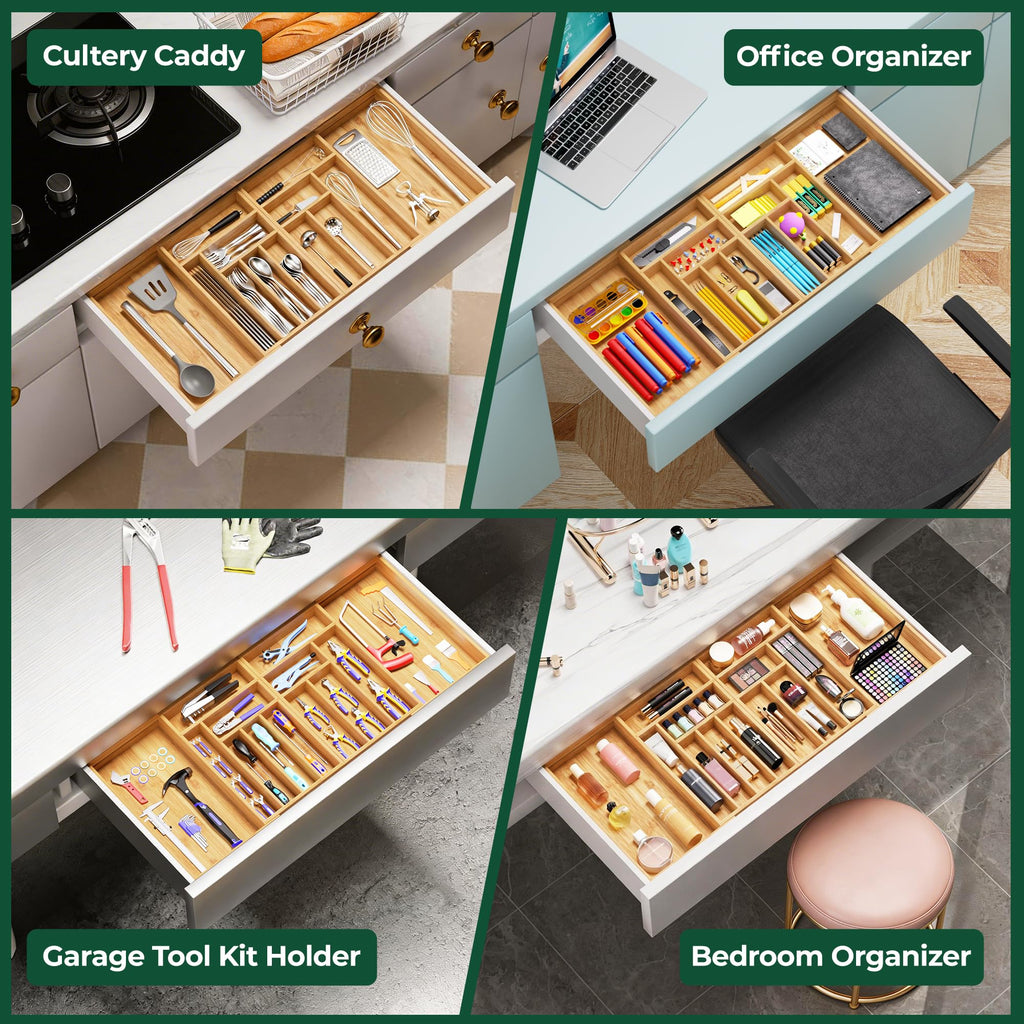 Large Silverware Organizer, 13 Slots Magnetic Connected Expandable Bamboo Utensil Drawer Organizer From 21 to 37.4