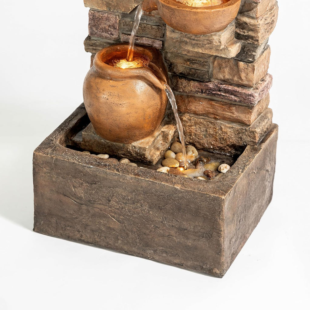 28.5" Outdoor 4-Tier Stacked Stone Cascading Water Fountain with LED Lights, Brown
