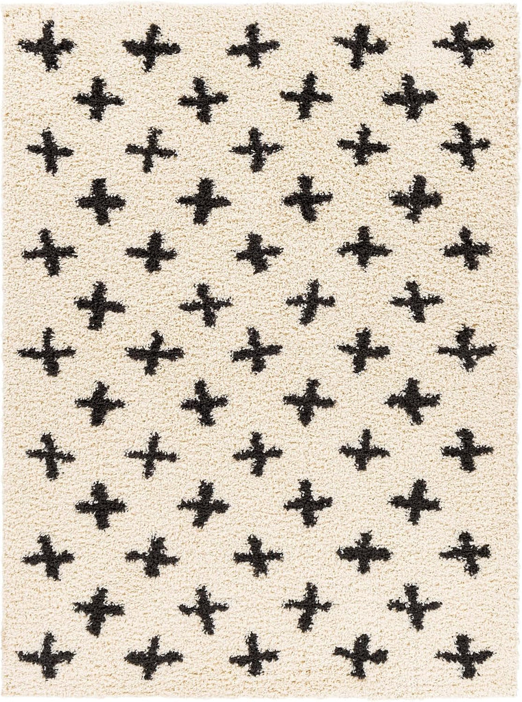 Area Rugs - Soft Mora Moroccan Boho Black Cream Shag Rug Bedroom - Large Geometric Plush Pile Stain Resistant